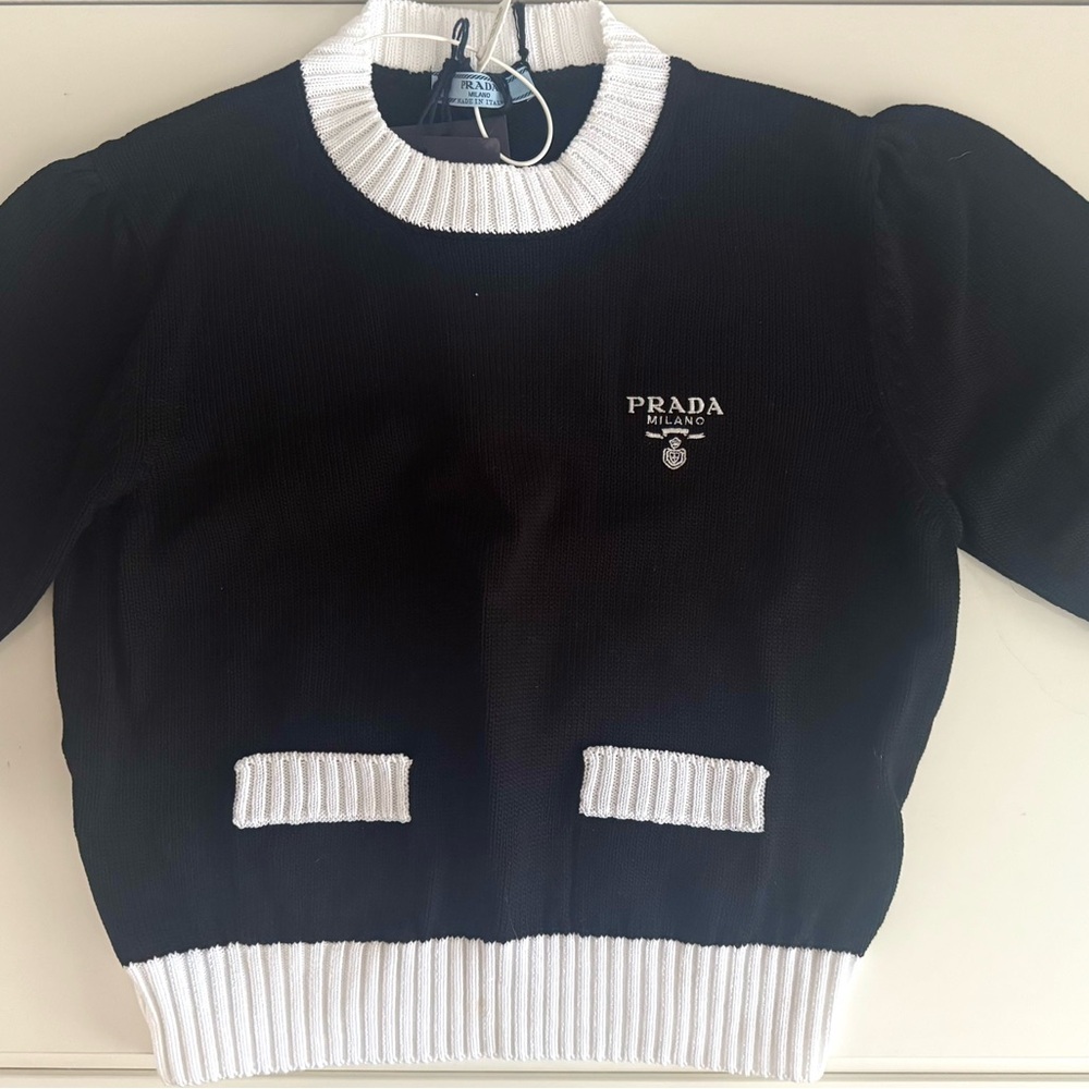 Prada Black and White Cotton Crew Neck Sweater